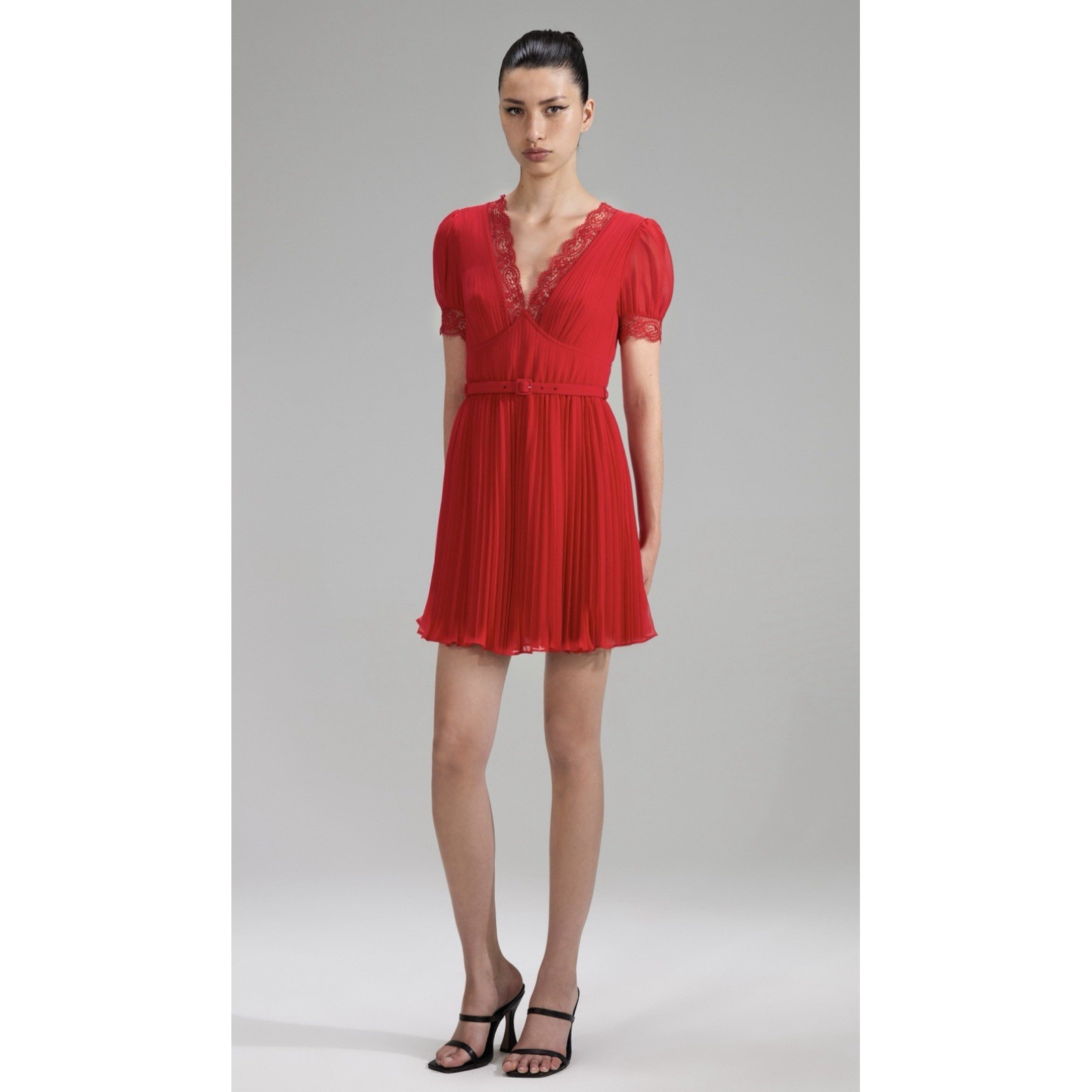 Self-Portrait Lace Trim A-Line Red Chiffon Mini Belt Dress Size Us 2 New Tags